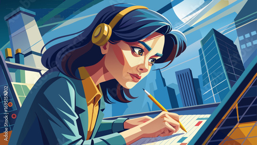 Close-up portrait of female architect sketching with pencil. Isolated background emphasizes design, focus, and innovation.