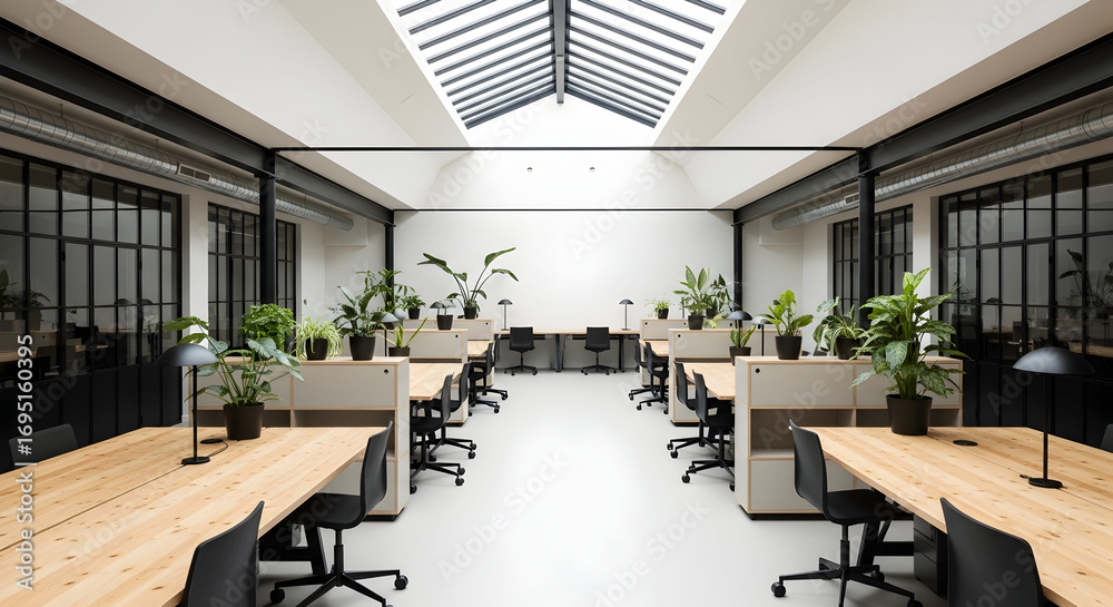 Fototapeta premium Modern Interior Workspace with Desks, Plants, and Skylight in Contemporary Office Building