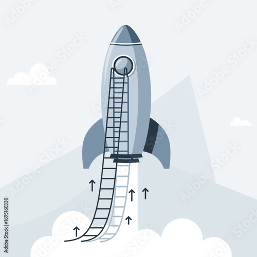 Rocket launching with a ladder leading to space.