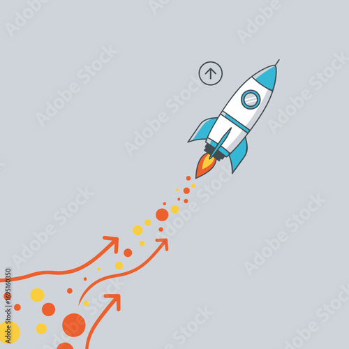 A cartoon rocket ship ascends with a trail of colorful dots and arrows.