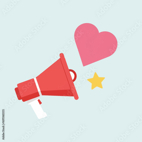 Red megaphone announces a pink heart and yellow star.