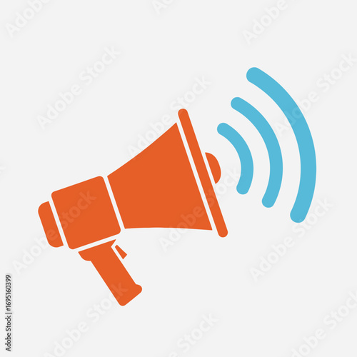 Orange megaphone emitting blue sound waves against white background.