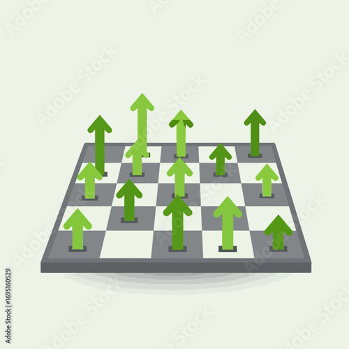 Chessboard with green arrows indicating upward movement and growth.