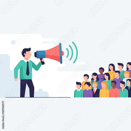 Man with megaphone addresses a diverse crowd of people.