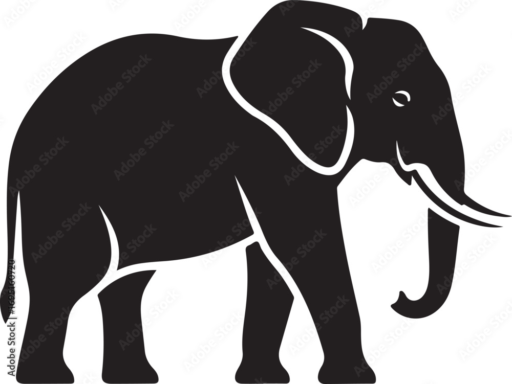 Fototapeta premium Bold black and white illustration of an elephant with detailed tusk design and simplistic features for safari projects and related marketing materials graphic animal illustration