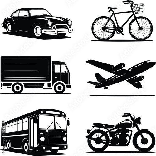 Silhouette transport set, classic car, bicycle with basket, delivery truck, airplane, public bus, motorcycle, black vector, travel, vehicle illustration, transport design