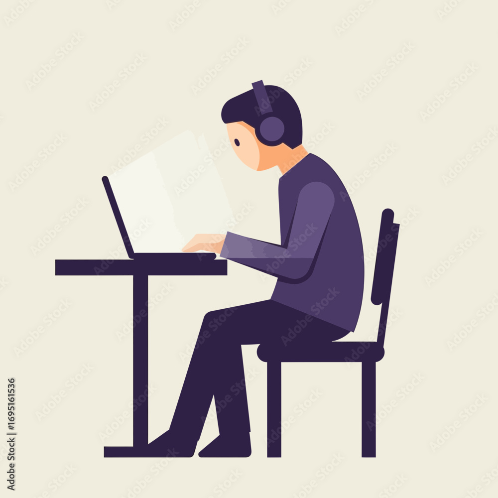 Fototapeta premium Person wearing headphones works on a laptop at a desk.