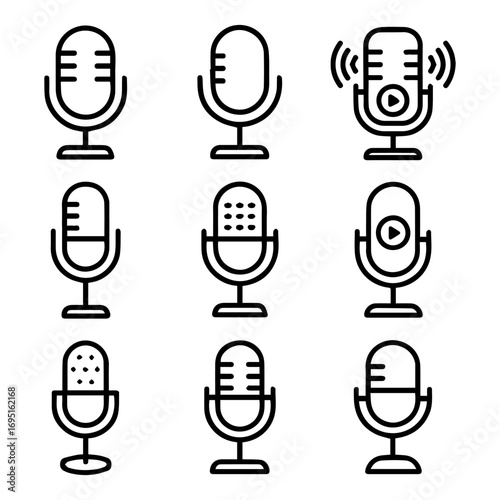 Collection of Nine Distinct Microphone Icons with Varied Designs and Features.