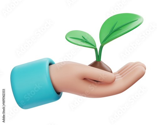 3d illustration of a hand holding a small green plant sprout with two leaves, isolated on transparent background