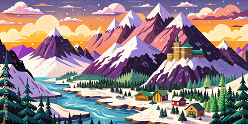 Pixel art mountain landscape with snowy peaks, retro gaming aesthetic, abstract natural beauty, nostalgic design