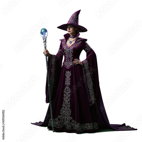 female mage witch wearing fantasy madieval mage robe isolated on transparent background