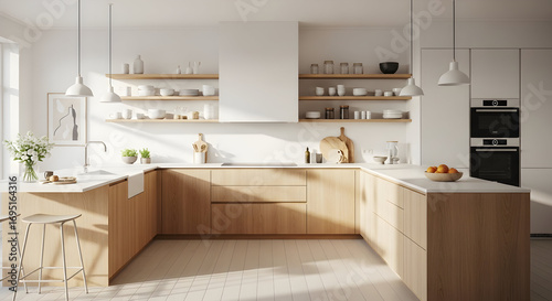 Modern Kitchen Interior Enhanced With Light and Wood  Exhibiting Contemporary Aesthetic