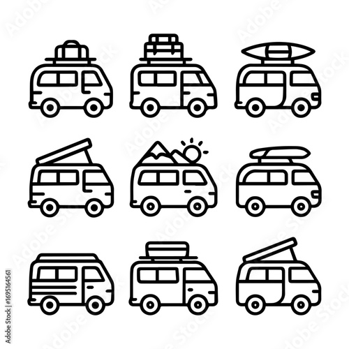 Nine Line Art Camper Van Icons with Various Roof Racks.