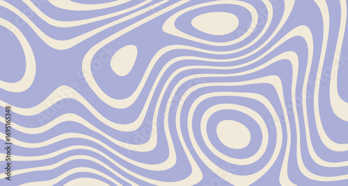 Vector abstract wavy pattern. Groovy and psychedelic style. Dynamic, curved purple lines on creamy beige background