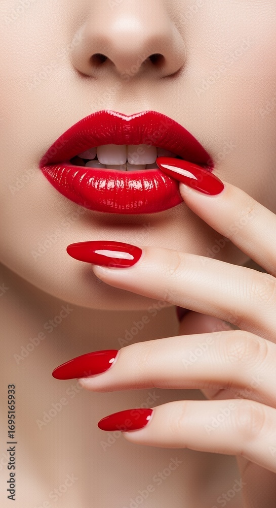 Fototapeta premium Close-up of a woman's sensual red lips with a finger gently touching her lower lip, showcasing perfectly manicured red nails, a captivating beauty and fashion close-up