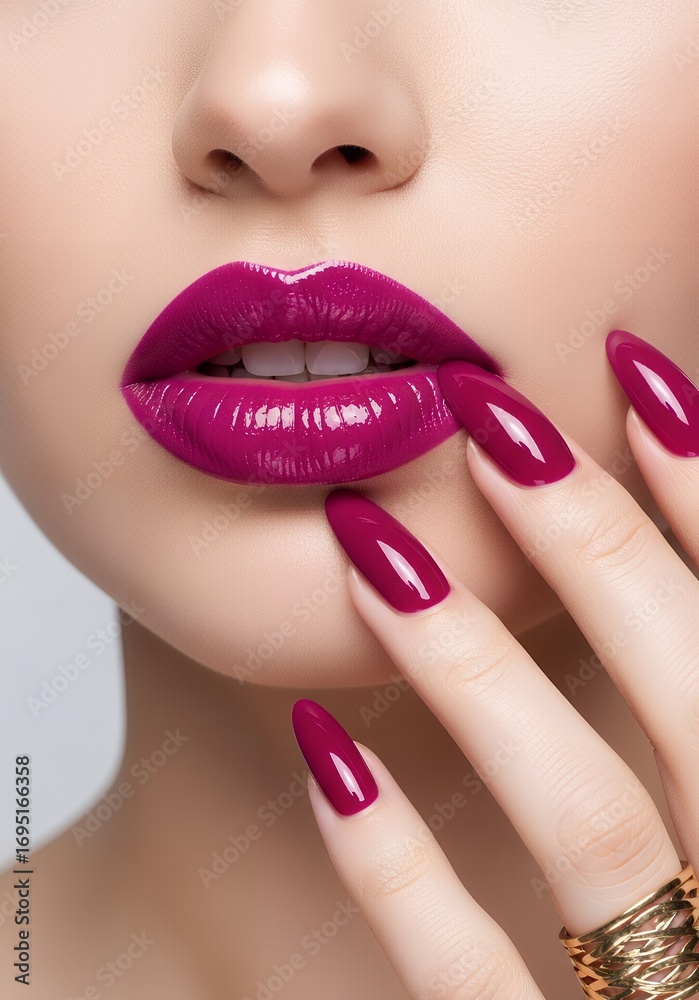 Naklejka premium Close-up of a woman's perfectly shaped lips in a vibrant berry shade, paired with matching polished fingernails, showcasing a bold and glamorous beauty statement