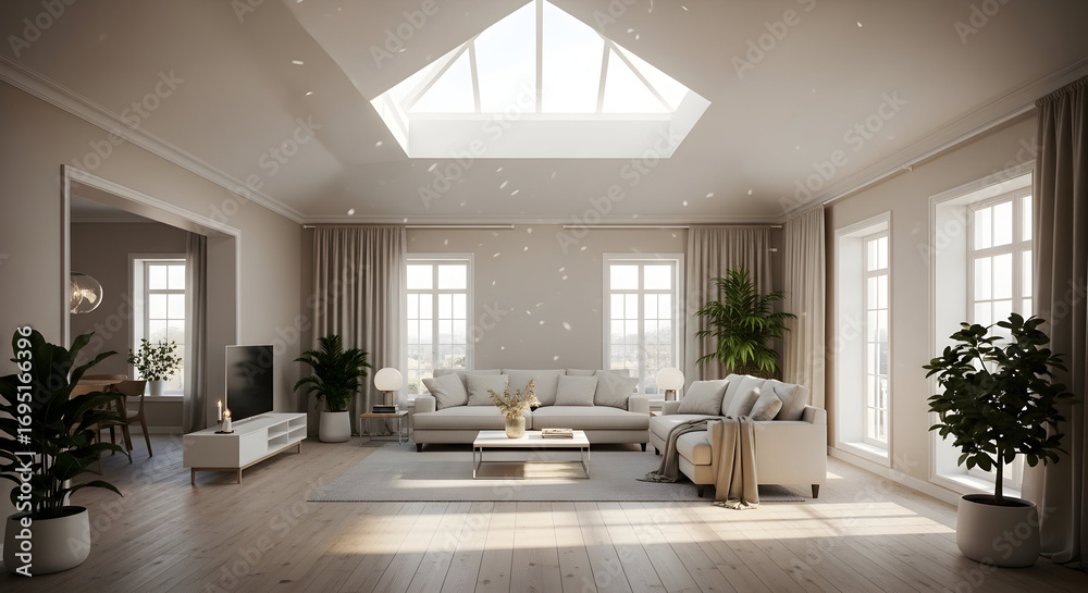 Fototapeta premium Modern Living Room Interior Design With Plants Architecture And Natural Light