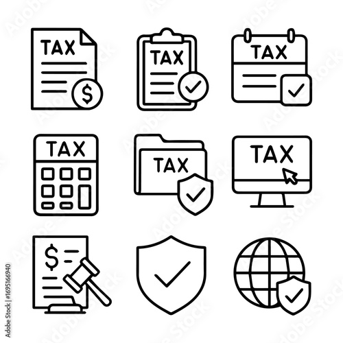 Taxrelated icons document clipboard calendar calculator folder computer gavel shield and globe.