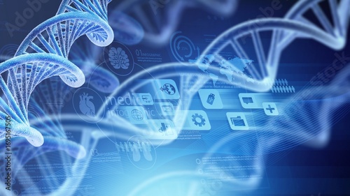 Spiral DNA double helix structure on blue background.