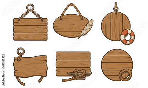 Rustic wooden signs with nautical and vintage elements in flat cartoon style