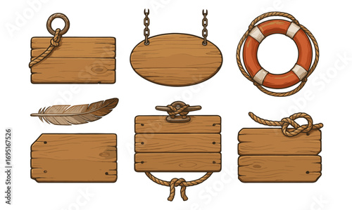 Rustic wooden signs and nautical elements with feather and lifebuoy