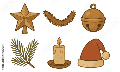 Rustic vintage christmas elements: star, garland, jingle bell, pine branch, candle, santa hat