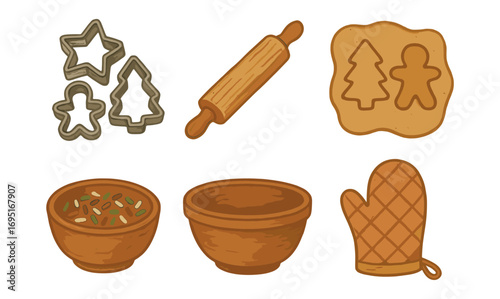 Baking essentials: cookie cutters, rolling pin, and mixing bowls in rustic style