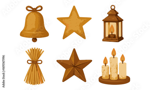 Rustic christmas decorations with candle, bell, star, lantern, straw ornament