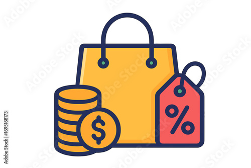 Shopping bag with coins and discount tag in colorful style Premium Segment
