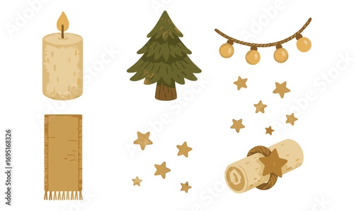 Cozy winter holiday elements with rustic charm and warm tones