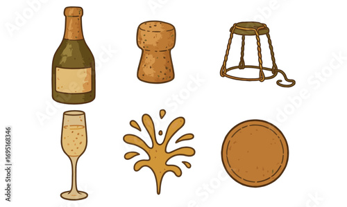 Vintage champagne elements with bottle, cork, wire cage, glass, splash, and coaster