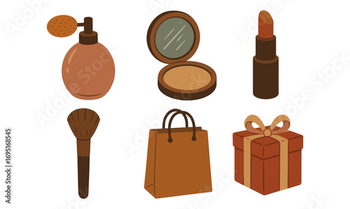 Vintage makeup and shopping essentials in earthy tones