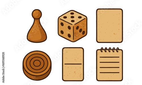 Retro style game elements set with pawn, dice, and cards