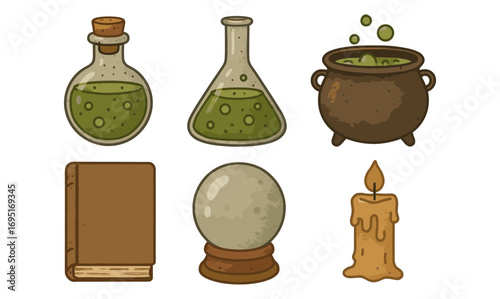 Vintage witchcraft icons: potions, cauldron, spellbook, candle, crystal ball