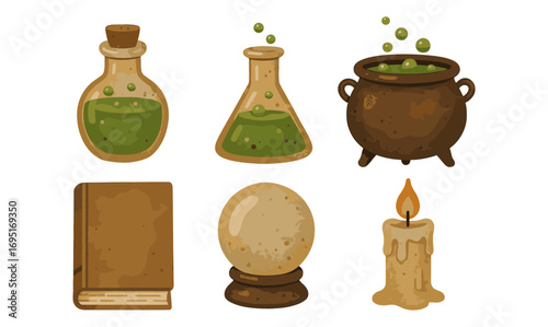 Vintage magic items with potion bottles, cauldron, book, crystal ball, and candle