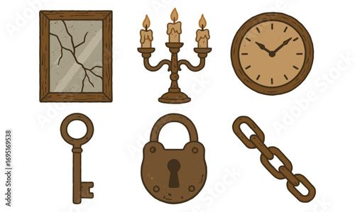 Vintage rustic objects collection: candelabra, broken mirror, clock, key, padlock, and chain