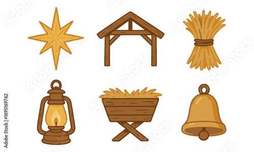 Rustic christmas elements featuring nativity and holiday symbols in flat design