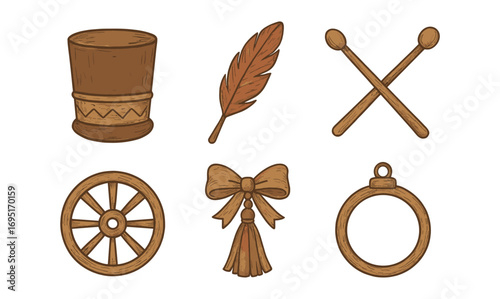 Vintage rustic christmas icons with wood texture in retro style