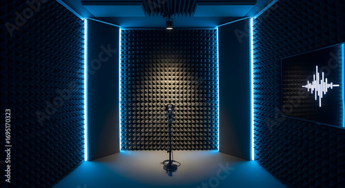 Modern professional recording studio with a microphone and soundproofing panels in blue tones