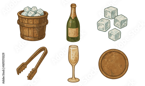Vintage style ice bucket, champagne, and glass set with wooden details