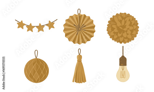 Decorative paper ornaments and edison bulb in minimalist style