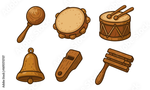 Cartoon musical instruments set featuring drum, tambourine, bell, whistle, maracas, xylophone