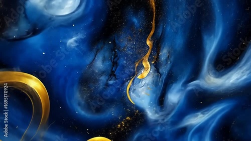 Cosmic blue nebula with golden particles, highly detailed, celestial and vibrant, dynamic and serene, cosmic and magical, striking and captivating atmosphere