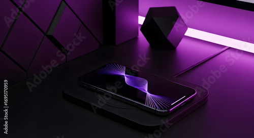 Modern Smartphone Resting On Wireless Charger With Geometric Accents In Vivid Purple