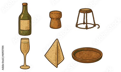 Vintage celebration set: bottle, cork, wire hood, glass, napkin, and coaster