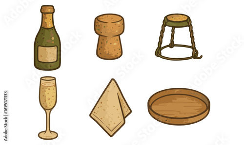Celebratory champagne set in hand drawn style with bottle, glass, and accessories