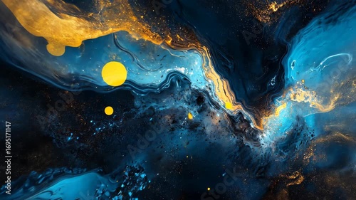 Cosmic blue nebula with golden particles, highly detailed, celestial and vibrant, dynamic and serene, cosmic and magical, striking and captivating atmosphere