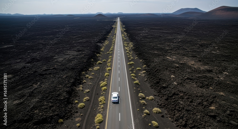 Fototapeta premium Car on desolate road through volcanic terrain under vast sky