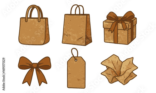 Eco-friendly kraft paper shopping bags, gift box, bow, and tag set on white background