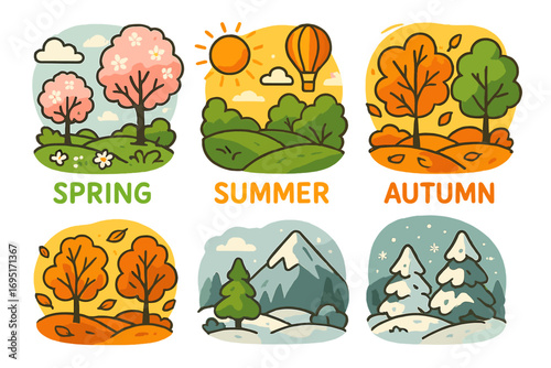 A vector collection depicting seasonal landscapes—spring, summer, autumn, and winter—in a flat style